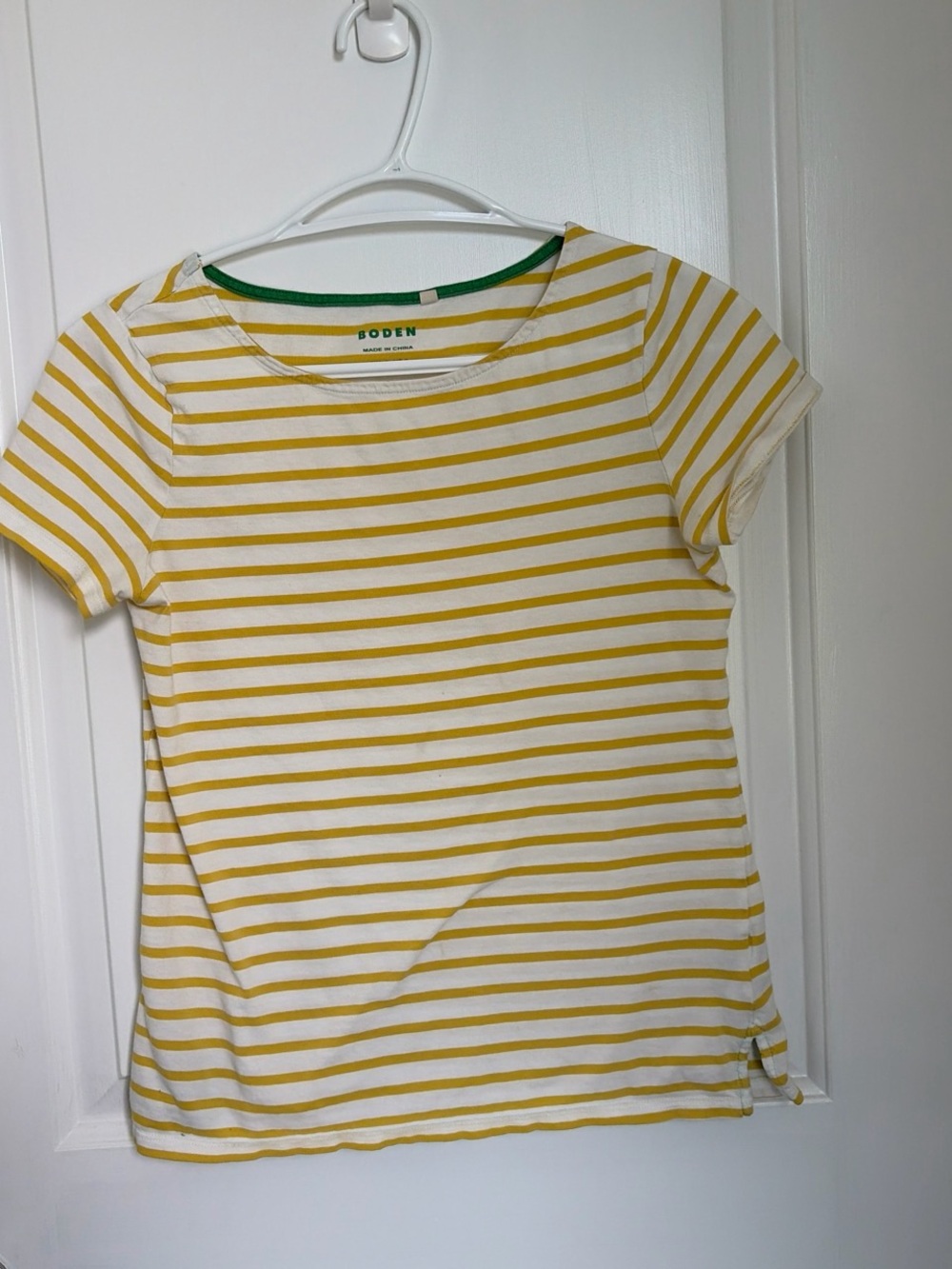 Boden Yellow & White Striped Short Sleeve Tee with Green Trim